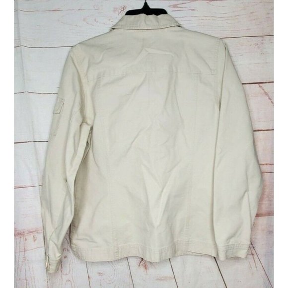 Izod Beige Khaki 5 Cargo Pocket Embroidered Button Up Women Medium Shirt Jacket  - Picture 6 of 12